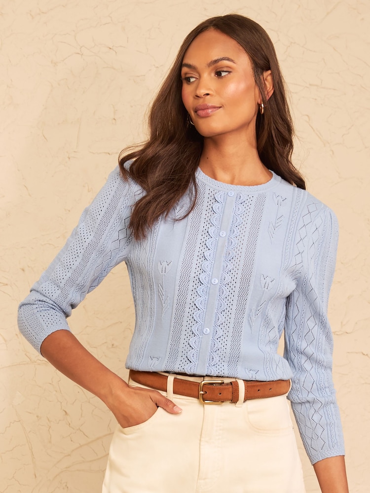 Love & Roses Light Blue Crew Neck Scalloped Lace Detail 3/4 Sleeve Knitted Top - Image 1 of 5