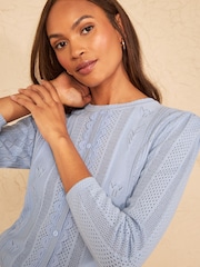 Love & Roses Light Blue Crew Neck Scalloped Lace Detail 3/4 Sleeve Knitted Top - Image 2 of 5