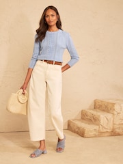 Love & Roses Light Blue Crew Neck Scalloped Lace Detail 3/4 Sleeve Knitted Top - Image 3 of 5