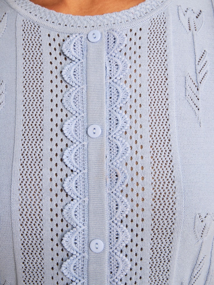 Love & Roses Light Blue Crew Neck Scalloped Lace Detail 3/4 Sleeve Knitted Top - Image 5 of 5