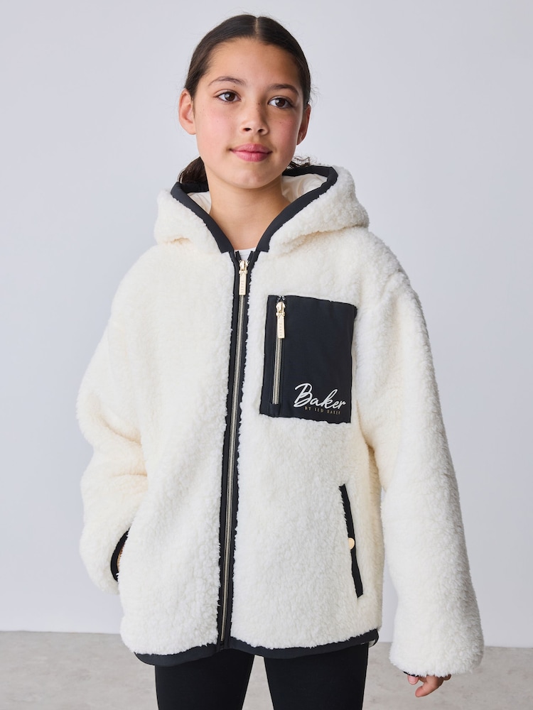 Baker by Ted Baker Cream Contrast Oversized Hooded Borg Fleece Jacket - Image 1 of 15 Baker by Ted Baker Cream Contrast Oversized Hooded Borg Fleece Jacket - Image 1 of 15