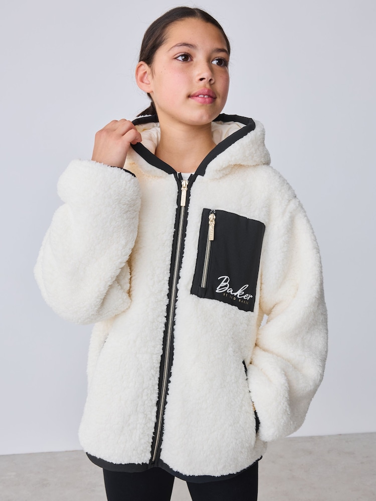 Baker by Ted Baker Cream Contrast Oversized Hooded Borg Fleece Jacket - Image 2 of 15 Baker by Ted Baker Cream Contrast Oversized Hooded Borg Fleece Jacket - Image 2 of 15