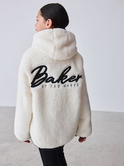 Baker by Ted Baker Cream Contrast Oversized Hooded Borg Fleece Jacket - Image 3 of 15