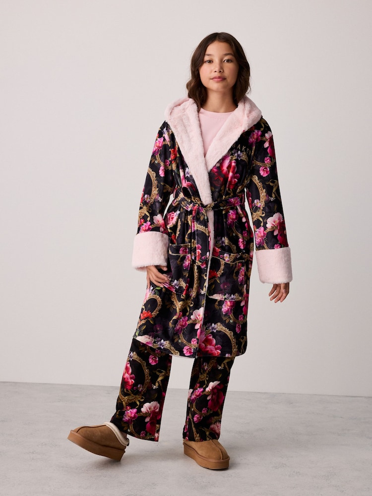 Baker by Ted Baker Black Floral Velour Dressing Gown - Image 1 of 11 Baker by Ted Baker Black Floral Velour Dressing Gown - Image 1 of 11