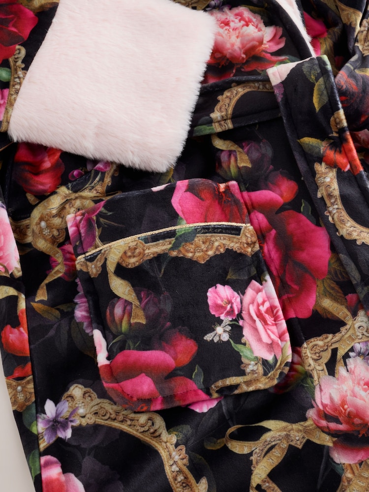 Baker by Ted Baker Black Floral Velour Dressing Gown - Image 11 of 11 Baker by Ted Baker Black Floral Velour Dressing Gown - Image 11 of 11