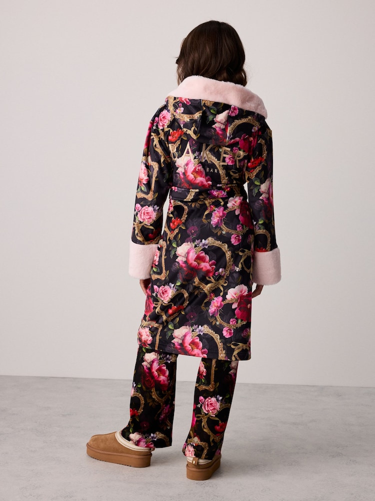 Baker by Ted Baker Black Floral Velour Dressing Gown - Image 2 of 11 Baker by Ted Baker Black Floral Velour Dressing Gown - Image 2 of 11