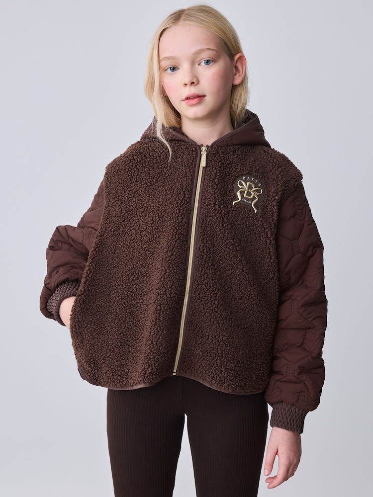 Baker by Ted Baker Brown Borg Fleece & Nylon Mix Hooded Jacket - Image 1 of 15 Baker by Ted Baker Brown Borg Fleece & Nylon Mix Hooded Jacket - Image 1 of 15