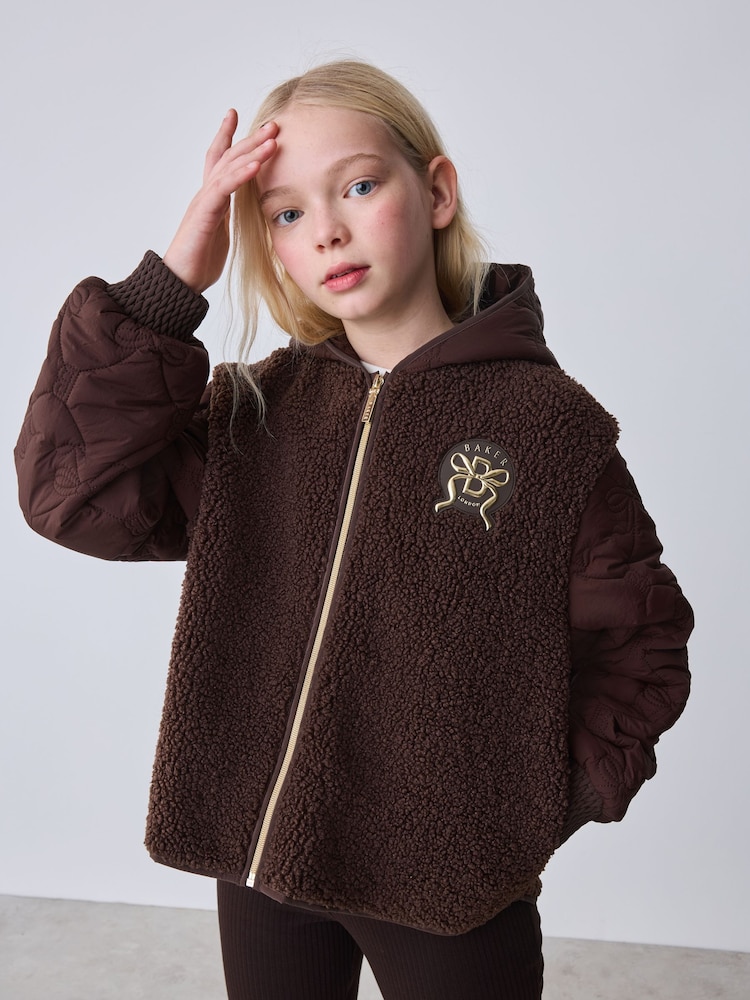 Baker by Ted Baker Brown Borg Fleece & Nylon Mix Hooded Jacket - Image 2 of 15 Baker by Ted Baker Brown Borg Fleece & Nylon Mix Hooded Jacket - Image 2 of 15