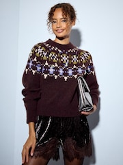 Plum Purple Sparkle Fairisle - كنزة عيد الميلاد بكم طويل - صورة 1 من 8