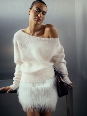 Ecru White Off Shoulder Embellished Snowflake - كنزة عيد الميلاد بكم طويل - صورة 1 من 7