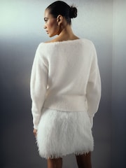 Ecru White Off Shoulder Embellished Snowflake - كنزة عيد الميلاد بكم طويل - صورة 2 من 7