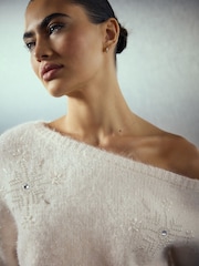 Ecru White Off Shoulder Embellished Snowflake - كنزة عيد الميلاد بكم طويل - صورة 3 من 7