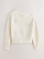 Ecru White Off Shoulder Embellished Snowflake - كنزة عيد الميلاد بكم طويل - صورة 5 من 7