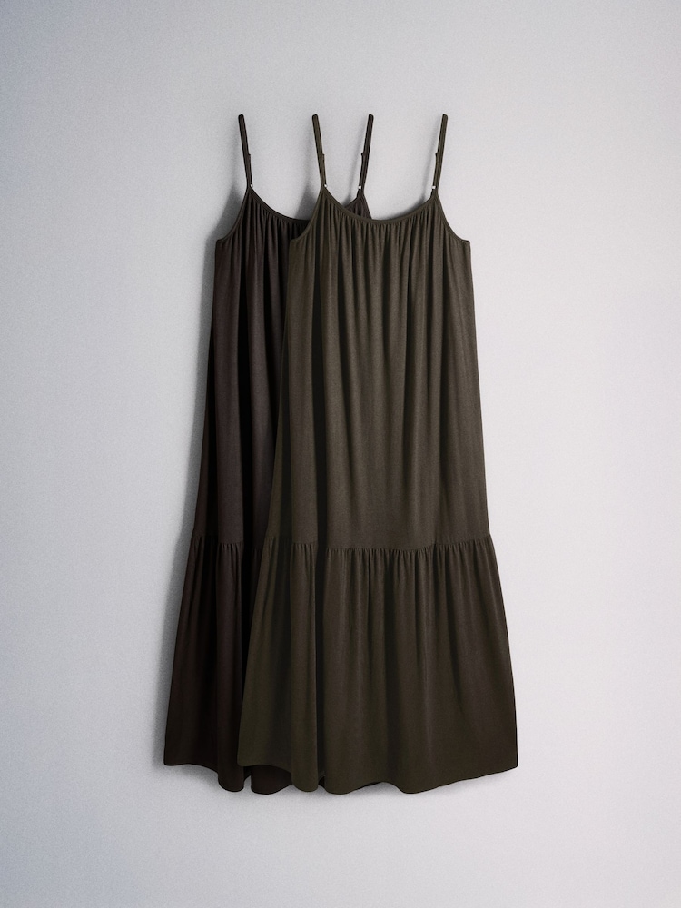 The Set 2 Pack Dropped Waist Jersey Maxi Dress Khaki Green/Brown - Image 1 of 5 The Set 2 Pack Dropped Waist Jersey Maxi Dress Khaki Green/Brown - Image 1 of 5