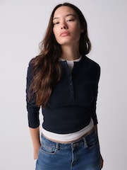 The Set 4 Pack Ribbed Long Sleeve Cropped Henley T-Shirts Burgundy Red/Navy Blue/White - Image 1 of 14