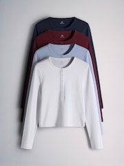 The Set 4 Pack Ribbed Long Sleeve Cropped Henley T-Shirts Burgundy Red/Navy Blue/White - Image 2 of 14
