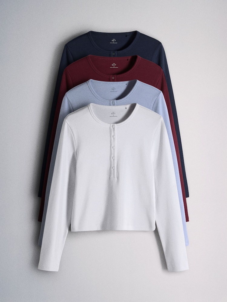 The Set 4 Pack Ribbed Long Sleeve Cropped Henley T-Shirts Burgundy Red/Navy Blue/White - Image 2 of 14 The Set 4 Pack Ribbed Long Sleeve Cropped Henley T-Shirts Burgundy Red/Navy Blue/White - Image 2 of 14