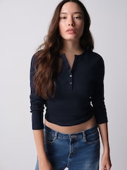 The Set 4 Pack Ribbed Long Sleeve Cropped Henley T-Shirts Burgundy Red/Navy Blue/White - Image 3 of 14