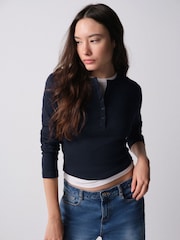 The Set 4 Pack Ribbed Long Sleeve Cropped Henley T-Shirts Burgundy Red/Navy Blue/White - Image 4 of 14