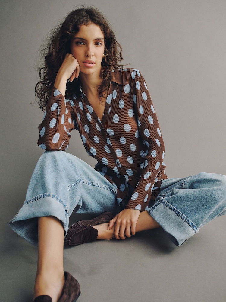 Blue/Brown Polka Dot Plisse Long Sleeve Shirt - Image 1 of 4 Blue/Brown Polka Dot Plisse Long Sleeve Shirt - Image 1 of 4