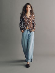 Blue/Brown Polka Dot Plisse Long Sleeve Shirt - Image 2 of 4