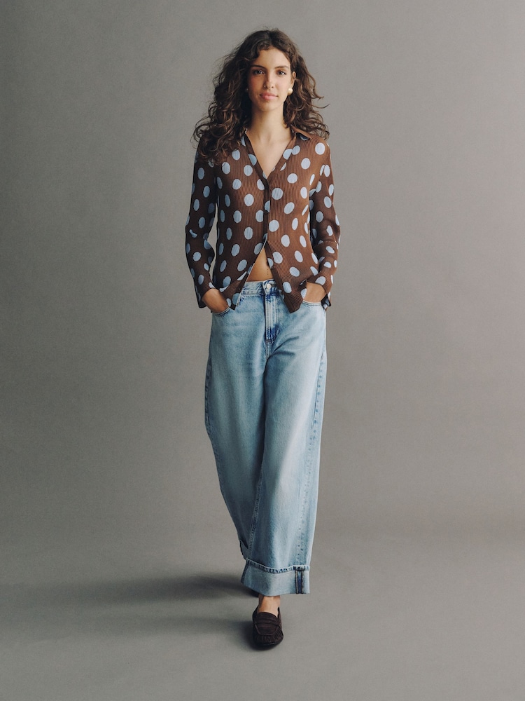 Blue/Brown Polka Dot Plisse Long Sleeve Shirt - Image 2 of 4 Blue/Brown Polka Dot Plisse Long Sleeve Shirt - Image 2 of 4