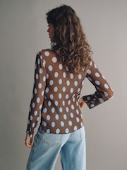 Blue/Brown Polka Dot Plisse Long Sleeve Shirt - Image 3 of 4