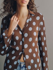Blue/Brown Polka Dot Plisse Long Sleeve Shirt - Image 4 of 4
