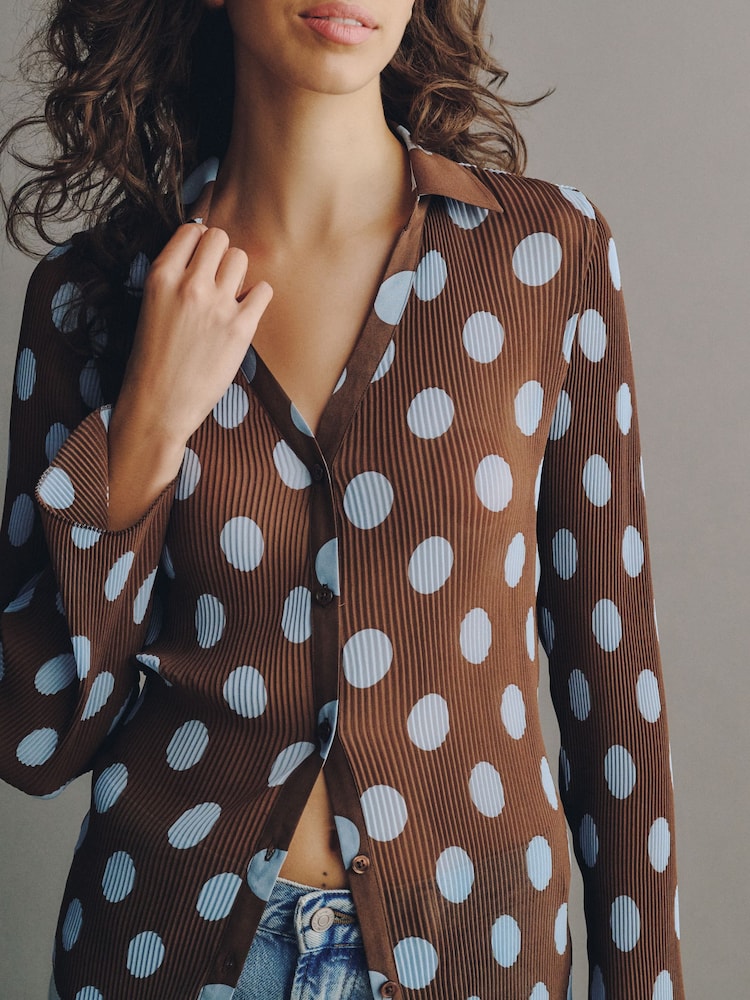 Blue/Brown Polka Dot Plisse Long Sleeve Shirt - Image 4 of 4 Blue/Brown Polka Dot Plisse Long Sleeve Shirt - Image 4 of 4