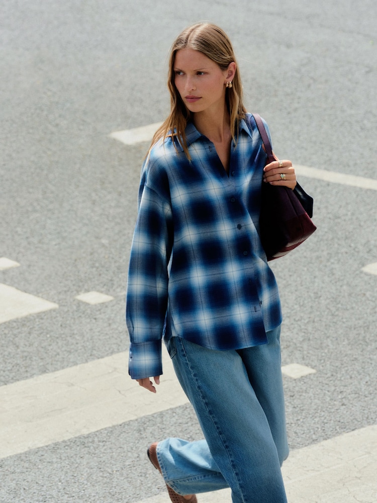 Blue Check Flannel Oversized Shirt - Image 1 of 7 Blue Check Flannel Oversized Shirt - Image 1 of 7