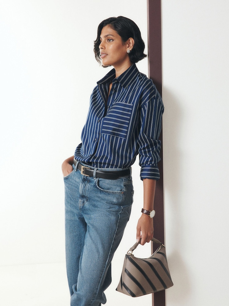 Navy/White Stripe Cotton Sateen Long Sleeve Shirt - Image 1 of 8 Navy/White Stripe Cotton Sateen Long Sleeve Shirt - Image 1 of 8