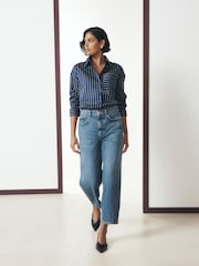 Navy/White Stripe Cotton Sateen Long Sleeve Shirt - Image 2 of 8