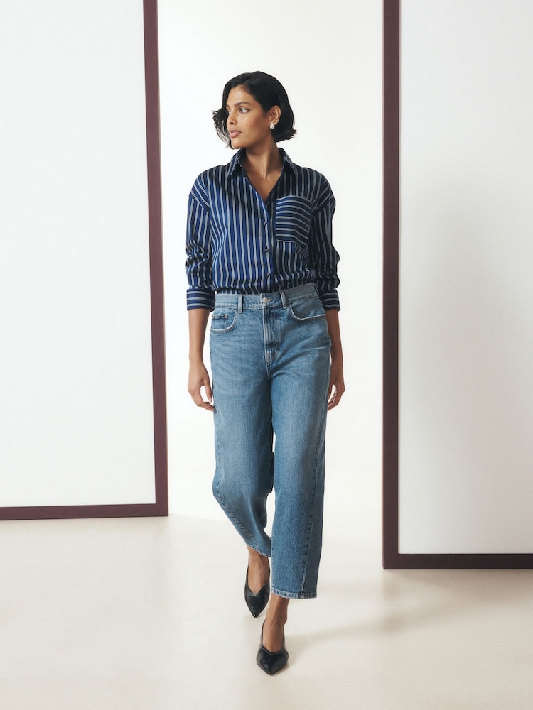 Navy/White Stripe Cotton Sateen Long Sleeve Shirt - Image 2 of 8 Navy/White Stripe Cotton Sateen Long Sleeve Shirt - Image 2 of 8