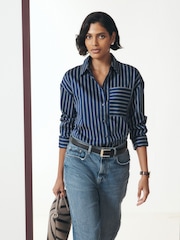 Navy/White Stripe Cotton Sateen Long Sleeve Shirt - Image 3 of 8