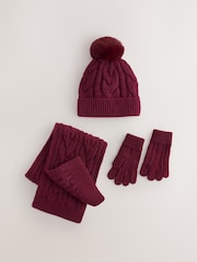 Berry Pink Cable Beanie Scarf and Gloves Set (3-16yrs) - Image 1 of 6