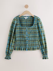 Green/Blue Check Square Neck Smocked Long Sleeve Top - Image 1 of 3