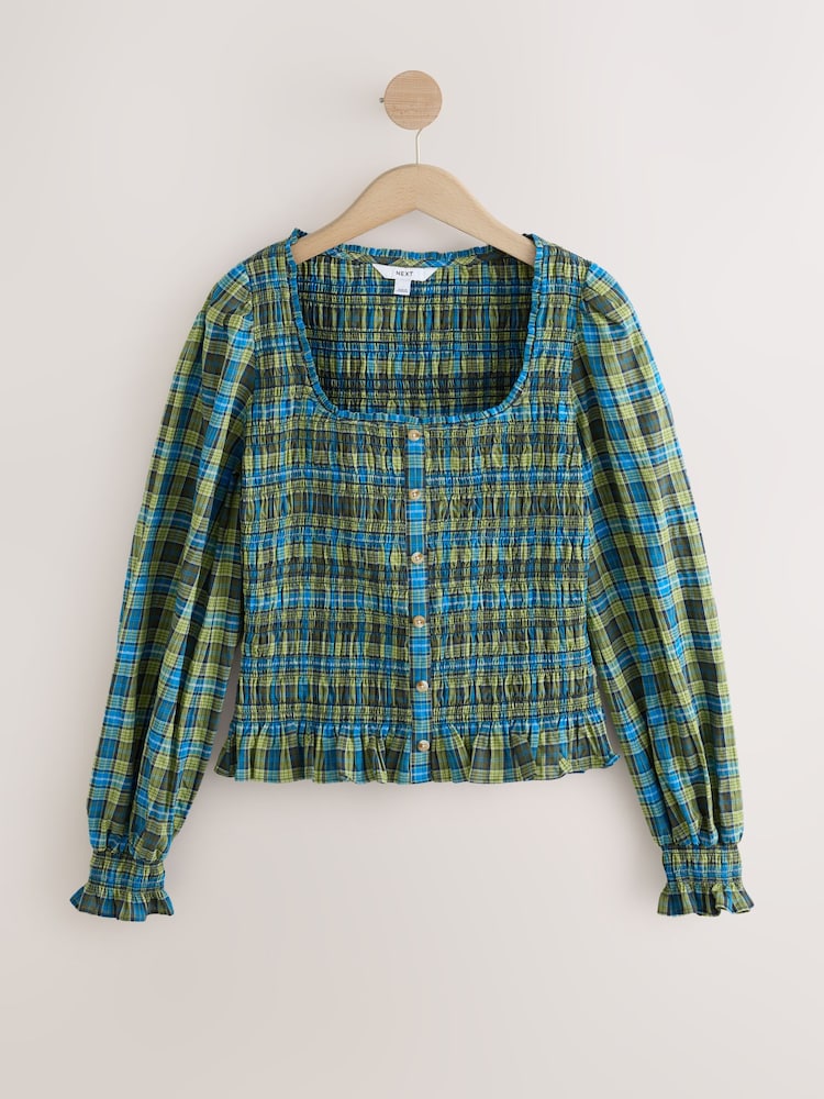 Green/Blue Check Square Neck Smocked Long Sleeve Top - Image 1 of 3 Green/Blue Check Square Neck Smocked Long Sleeve Top - Image 1 of 3