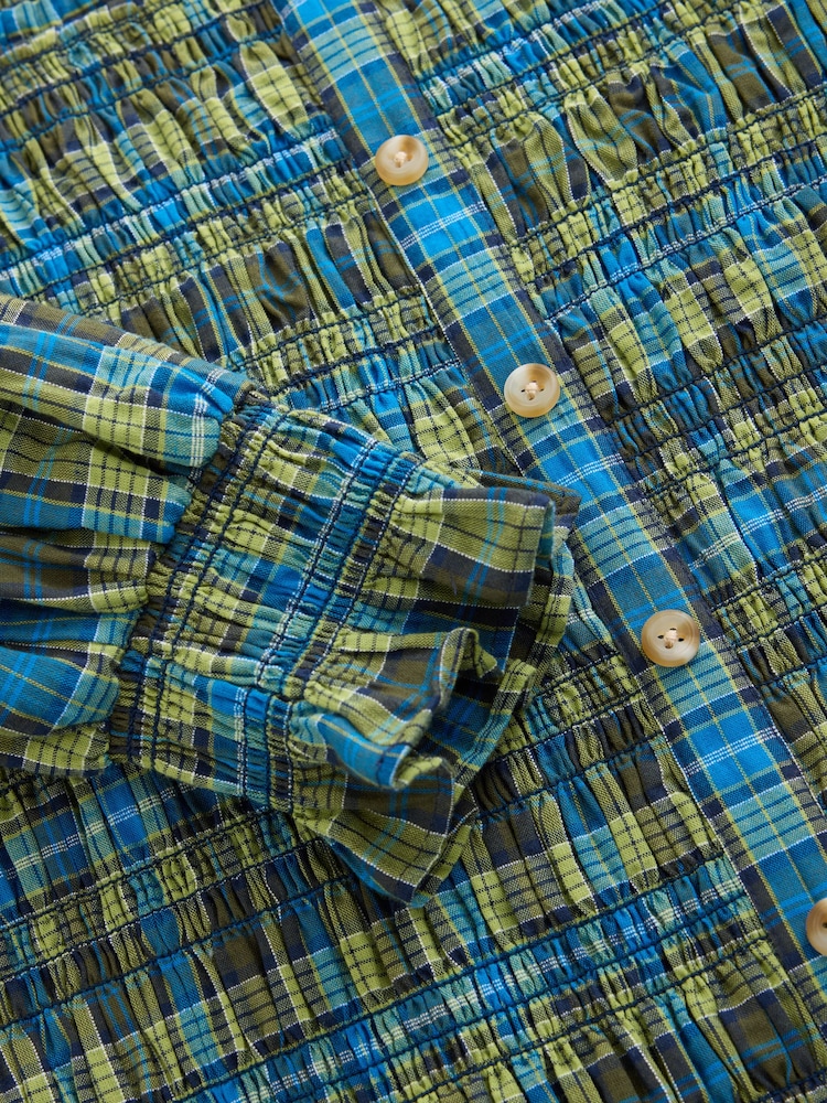 Green/Blue Check Square Neck Smocked Long Sleeve Top - Image 2 of 3 Green/Blue Check Square Neck Smocked Long Sleeve Top - Image 2 of 3