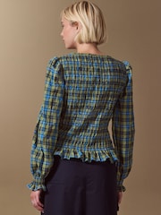 Green/Blue Check Square Neck Smocked Long Sleeve Top - Image 4 of 8