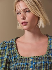 Green/Blue Check Square Neck Smocked Long Sleeve Top - Image 5 of 8