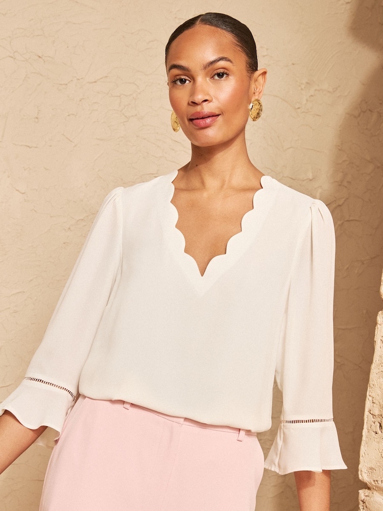 Love & Roses Ivory Petite Scallop V-Neck Flute Sleeve Blouse - Image 1 of 1