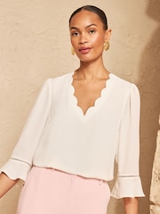 Love & Roses Ivory Scallop V-Neck Flute Sleeve Blouse - Image 1 of 4