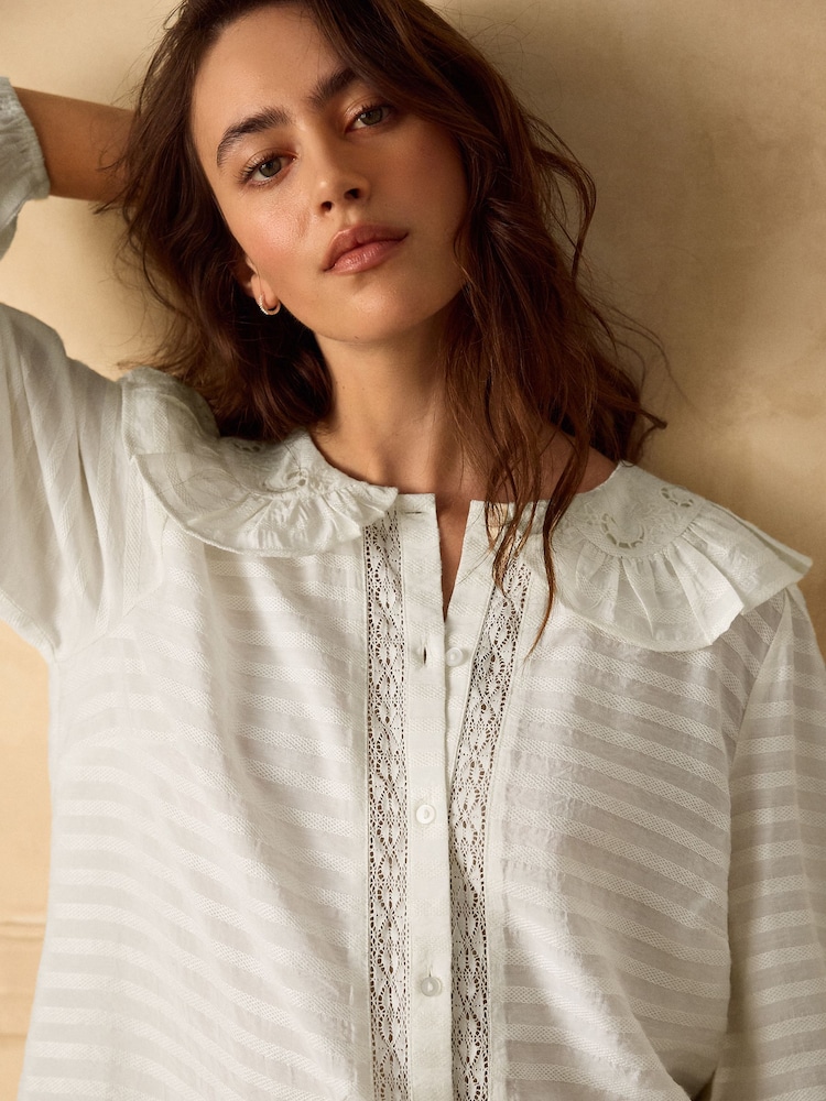Ecru Embroidered Cutwork Detail Collared Long Sleeve Blouse - Image 1 of 5 Ecru Embroidered Cutwork Detail Collared Long Sleeve Blouse - Image 1 of 5