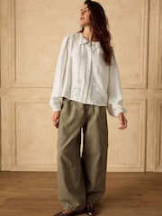Ecru Embroidered Cutwork Detail Collared Long Sleeve Blouse - Image 3 of 5