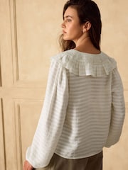 Ecru Embroidered Cutwork Detail Collared Long Sleeve Blouse - Image 4 of 5