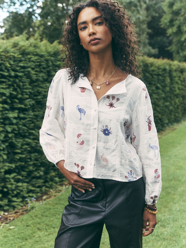 Ecru Patchwork National Trust X Next Embroidered Long Sleeve Blouse with Linen - Image 1 of 9 Ecru Patchwork National Trust X Next Embroidered Long Sleeve Blouse with Linen - Image 1 of 9