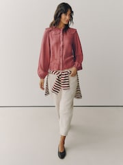 Dark Pink Embroidered Cutwork Detail Collared Long Sleeve Blouse - Image 1 of 7