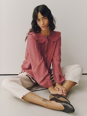 Dark Pink Embroidered Cutwork Detail Collared Long Sleeve Blouse - Image 2 of 7