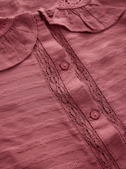 Dark Pink Embroidered Cutwork Detail Collared Long Sleeve Blouse - Image 3 of 7