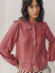 Dark Pink Embroidered Cutwork Detail Collared Long Sleeve Blouse - Image 4 of 7